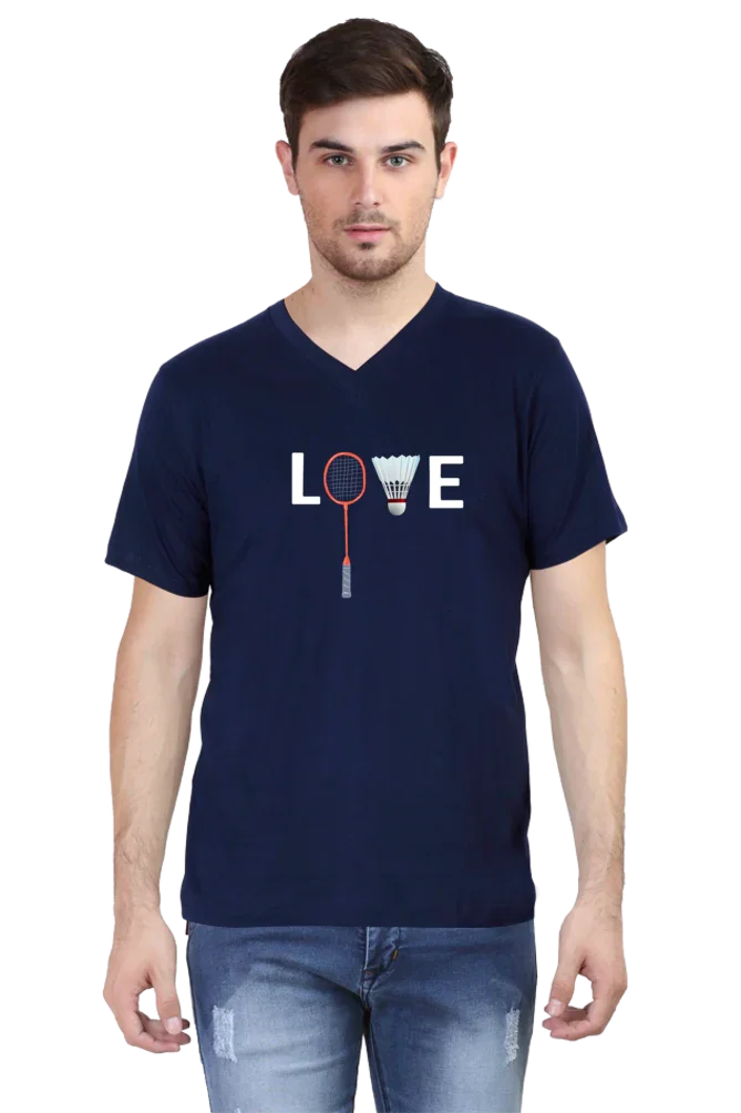 Man wearing navy blue printed t-shirt with love badminton design, ripped jeans