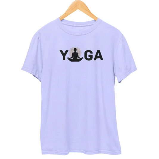 Light purple yoga t-shirt with black 'YOGA' text and meditating figure graphic, on hanger