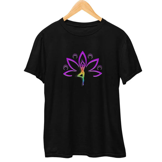 Black t-shirt with a colorful yoga pose and lotus design printed on the front