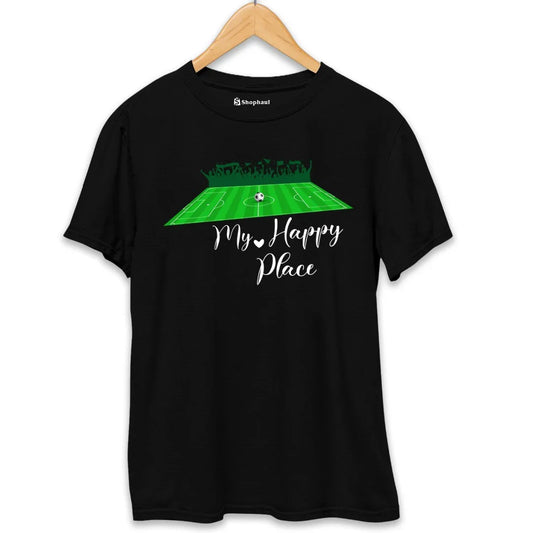 Black printed t-shirt with football field graphic, crowd silhouette, and 'My Happy Place' text