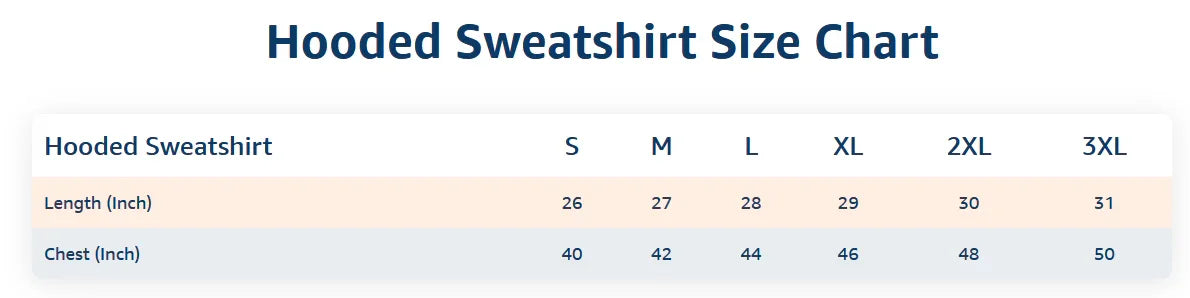 Hooded sweatshirt size chart with length and chest measurements for sizes S to 3XL.