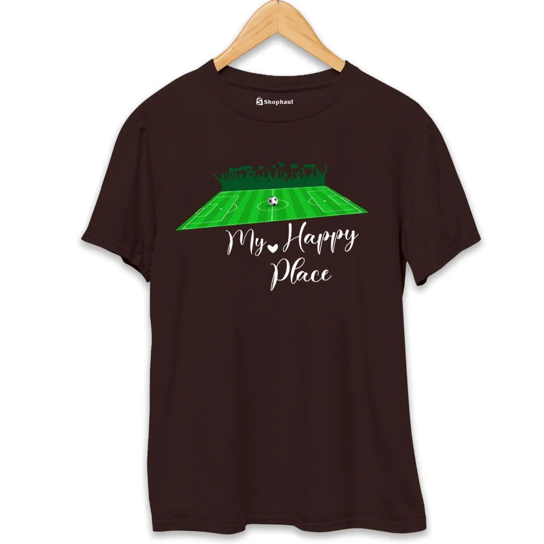 Coffee brown graphic t-shirt with soccer field print and 'My Happy Place' text on hanger