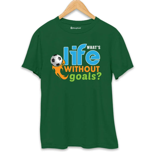 Green printed t-shirt with soccer motif and 'What's life without goals?' slogan, hanging on hanger