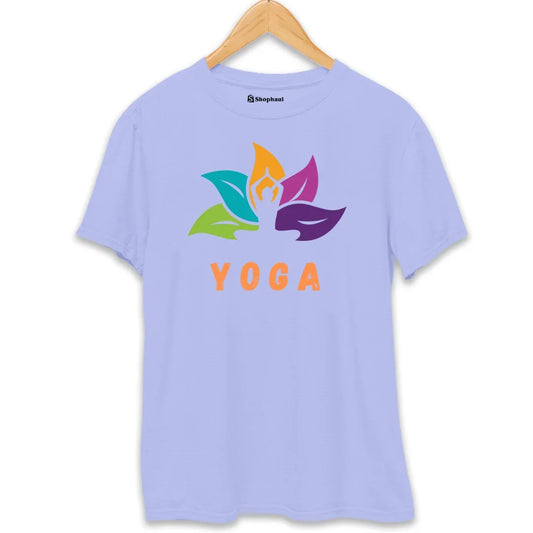 Lavender t-shirt with colorful lotus and yoga pose graphic, YOGA text in orange
