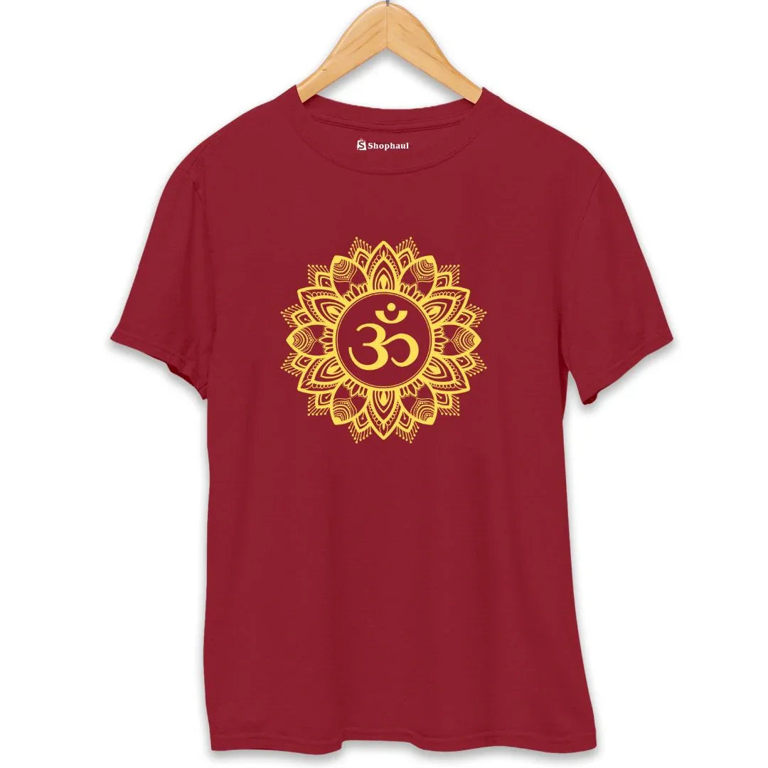 Maroon t-shirt with yellow Om mandala print, unisex cotton t-shirt on hanger