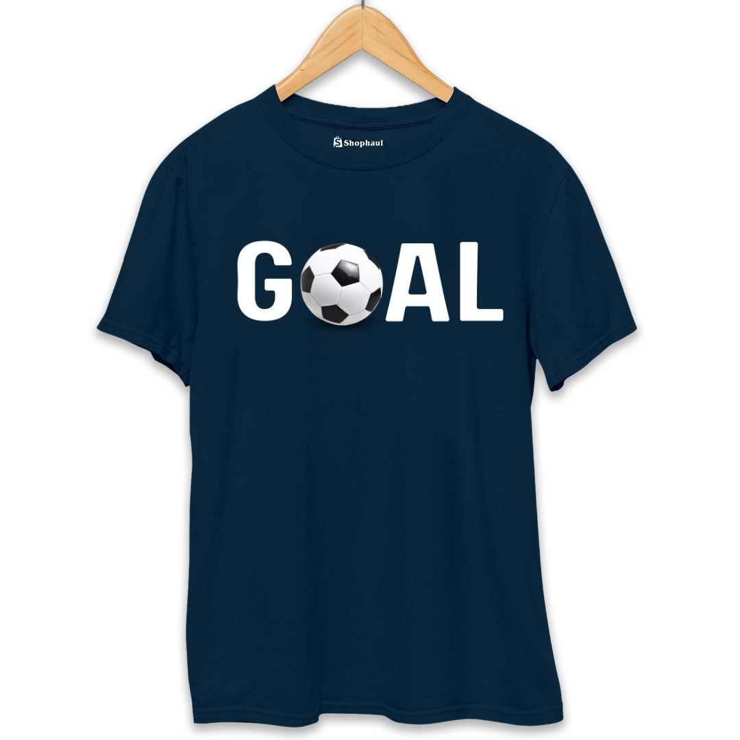 Petrol blue unisex t-shirt with 'GOAL' text and soccer ball graphic for sports fans