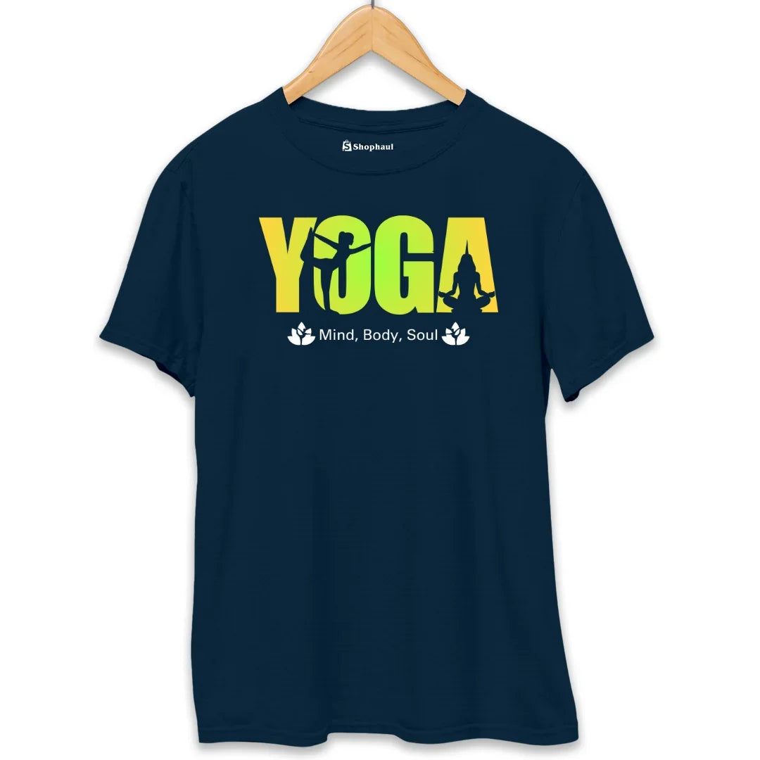 Navy blue yoga t-shirt with yellow YOGA print, yoga pose silhouettes, and Mind Body Soul text