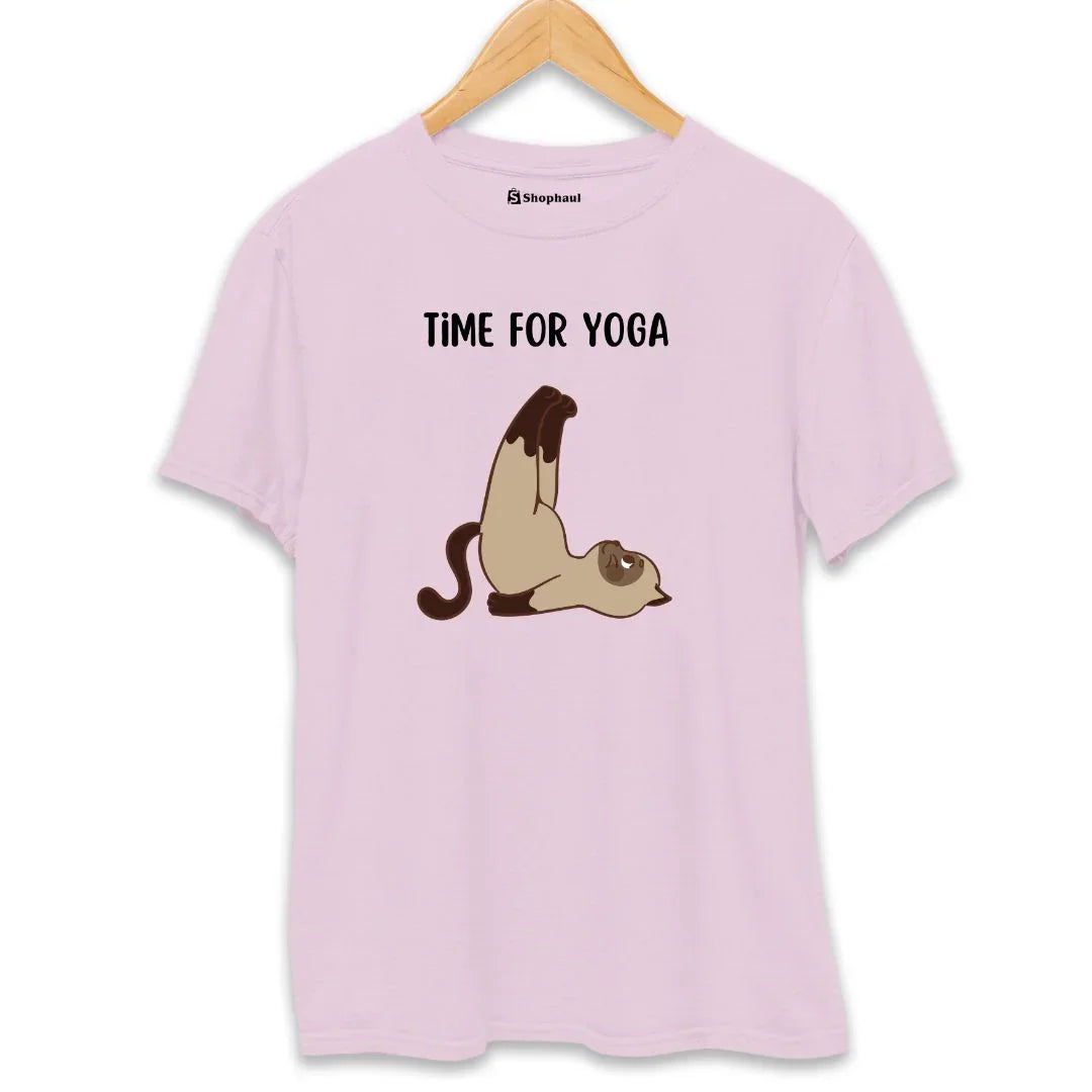 Pink t-shirt with cartoon cat doing yoga and 'Time for Yoga' text, hung on hanger