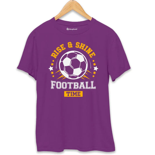Purple printed T-shirt with football graphic and 'Rise & Shine Football Time' text for men and women
