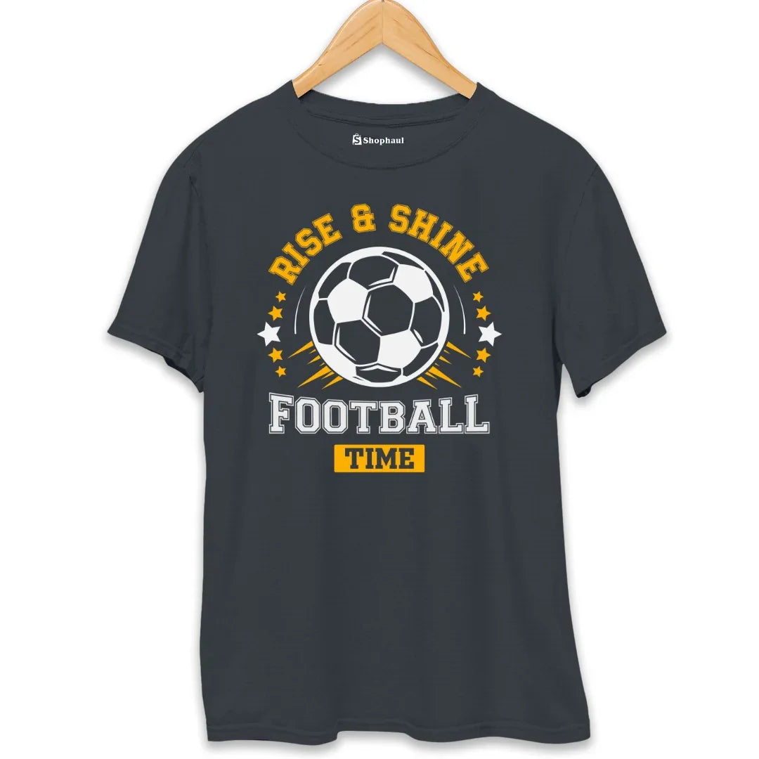 Steel grey printed t-shirt with football graphic and 'Rise & Shine Football Time' text, unisex fit.