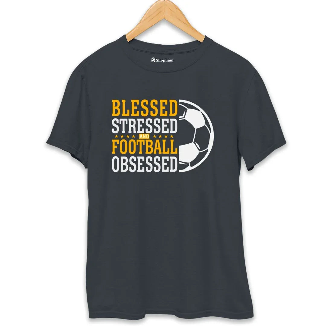 Steel grey football graphic t-shirt with 'Blessed Stressed and Football Obsessed' text, unisex fit