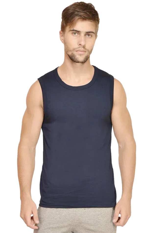 Navy Blue Sleeveless Plain T-Shirt