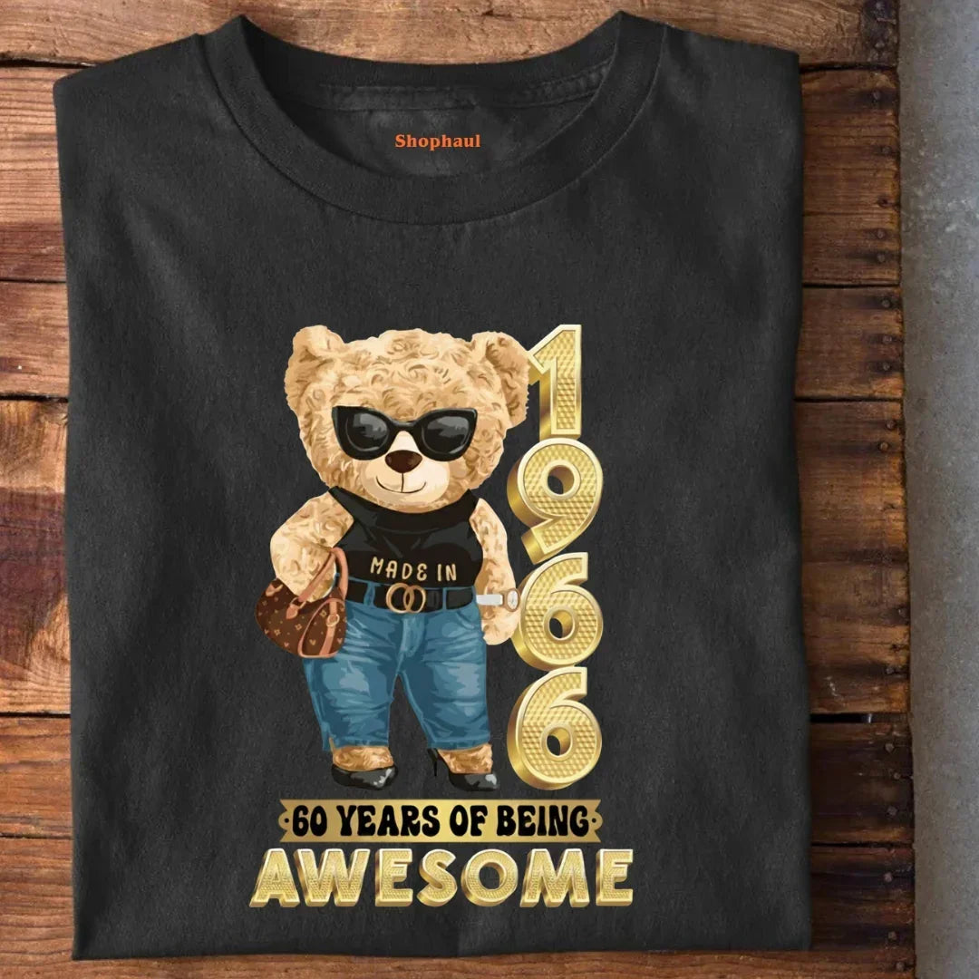 Black graphic t-shirt with a teddy bear, '1966', and '60 years of being awesome' text.