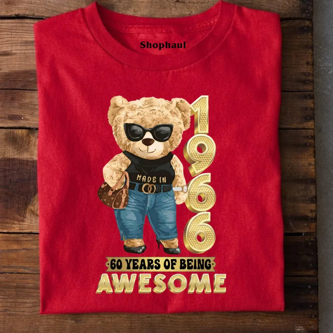 Red t-shirt with a stylish bear illustration, '1966', and '60 years of being awesome' print