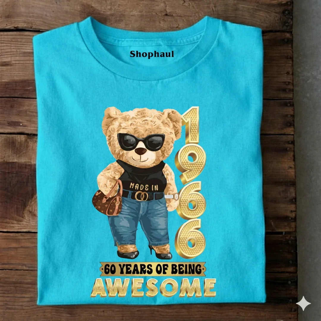 Blue t-shirt with stylish bear graphic, '1966 60 years of being awesome' text, birthday theme