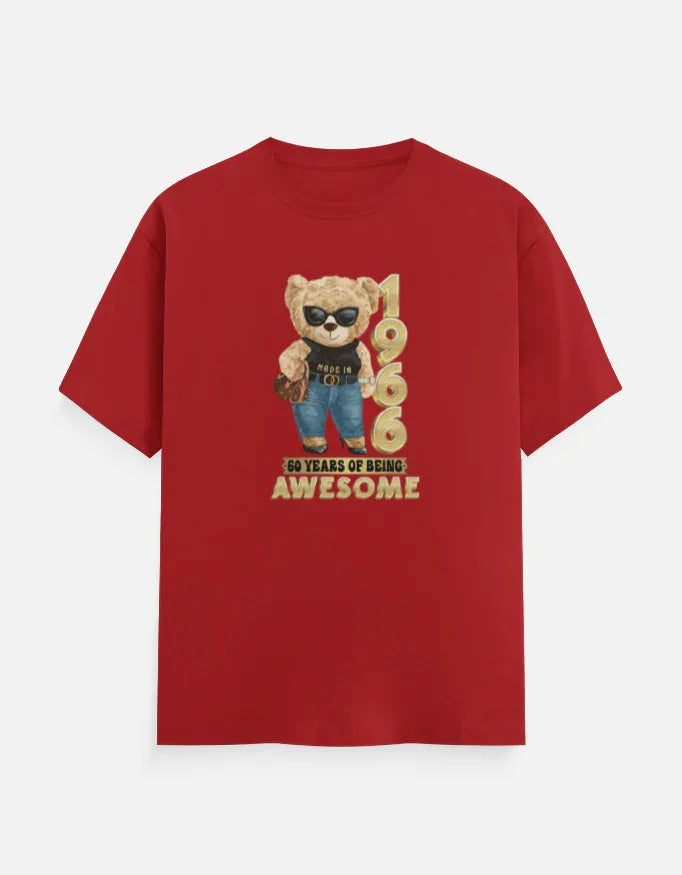 Red printed t-shirt with cartoon bear, sunglasses, '1966 60 years of being awesome' graphic.