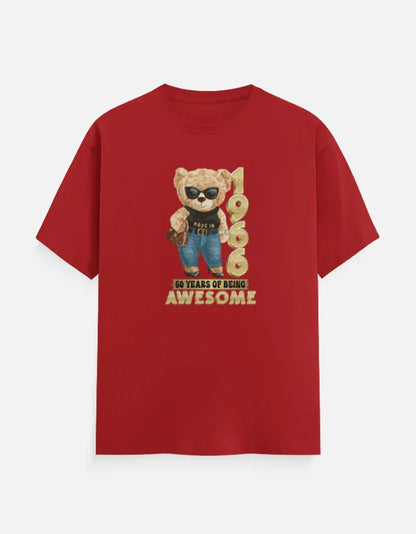Red printed t-shirt with cartoon bear, sunglasses, '1966 60 years of being awesome' graphic.