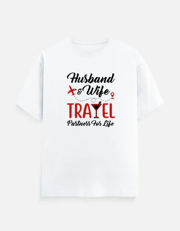 Husband and Wife Travel Partners for Life T-Shirt - White / S group tshirt design for friends,group tshirt for vacation,travel partners,travel tshirt,travel tshirt for family,travel tshirt for friends,travel tshirts for group