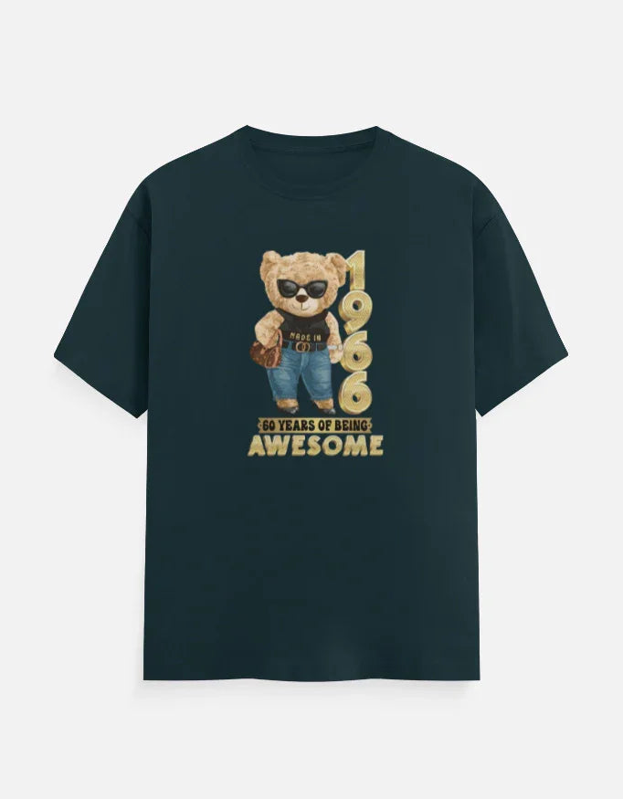 Black t-shirt with bear graphic, sunglasses, '1966' and '60 years of being awesome' print
