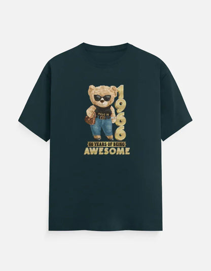 Black t-shirt with bear graphic, sunglasses, '1966' and '60 years of being awesome' print