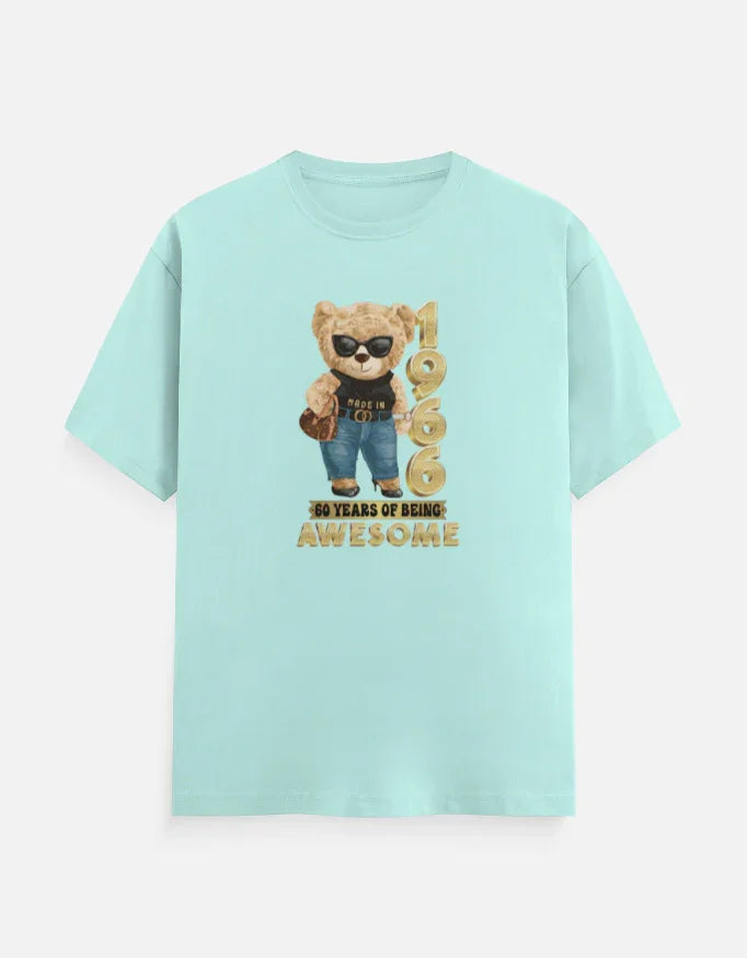 Mint green t-shirt with teddy bear graphic, '1966' and '60 years of being awesome' text print