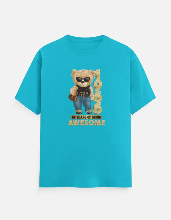 Blue printed T-shirt with bear graphic and '1966, 60 years of being awesome' text