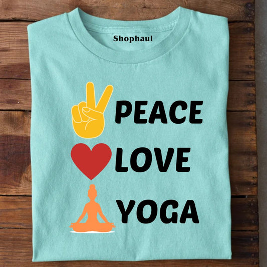 Mint green t-shirt with peace sign, red heart, yoga pose graphic and text Peace Love Yoga