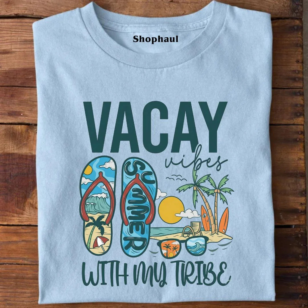 Vacay Vibes with my Tribe Beach T-Shirt - Baby Blue / XS 