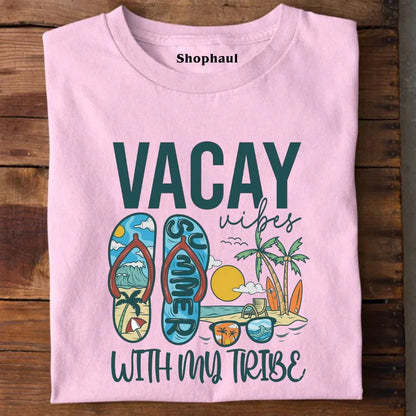 Vacay Vibes with my Tribe Beach T-Shirt - Light Baby Pink / XS 