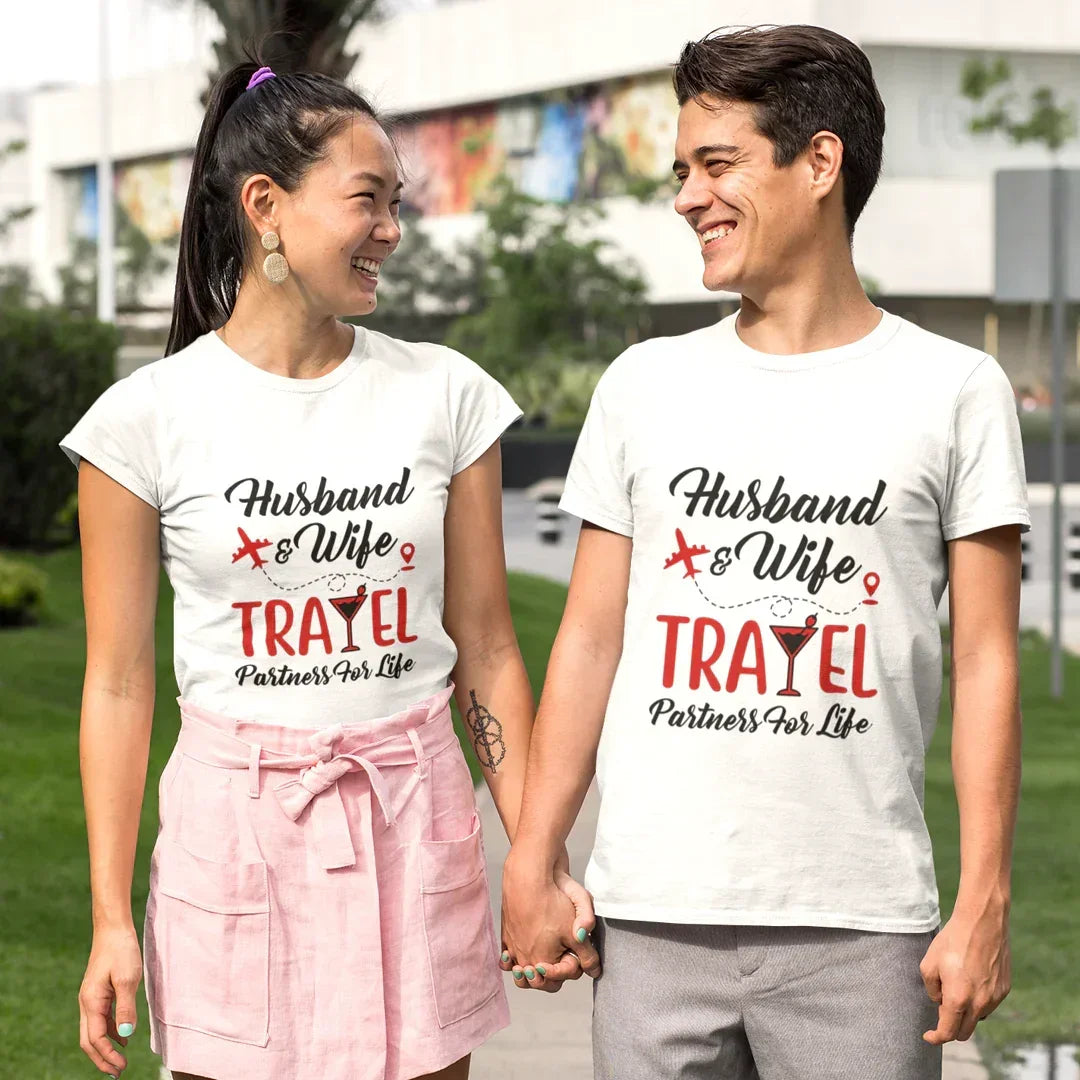 Husband and Wife Travel Partners for Life T-Shirt - White / S group tshirt design for friends,group tshirt for vacation,travel partners,travel tshirt,travel tshirt for family,travel tshirt for friends,travel tshirts for group
