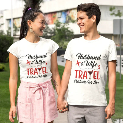 Husband and Wife Travel Partners for Life T-Shirt - White / S group tshirt design for friends,group tshirt for vacation,travel partners,travel tshirt,travel tshirt for family,travel tshirt for friends,travel tshirts for group