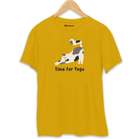 Mustard yellow t-shirt with stretching cat and 'Time for Yoga' print, unisex casual wear