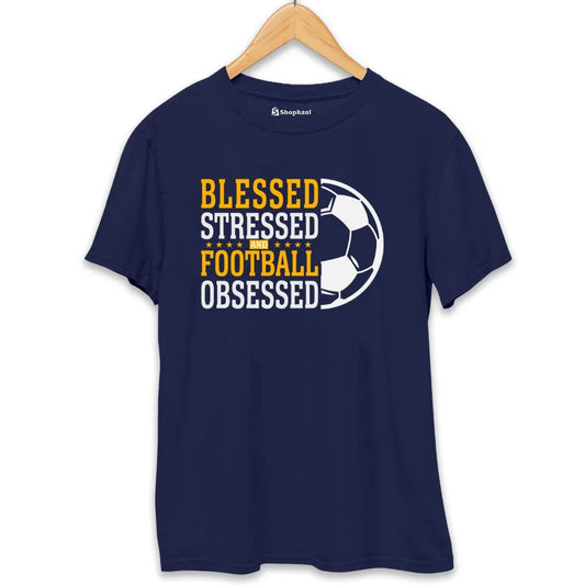 Navy blue printed t-shirt with 'Blessed Stressed and Football Obsessed' text and soccer ball graphic