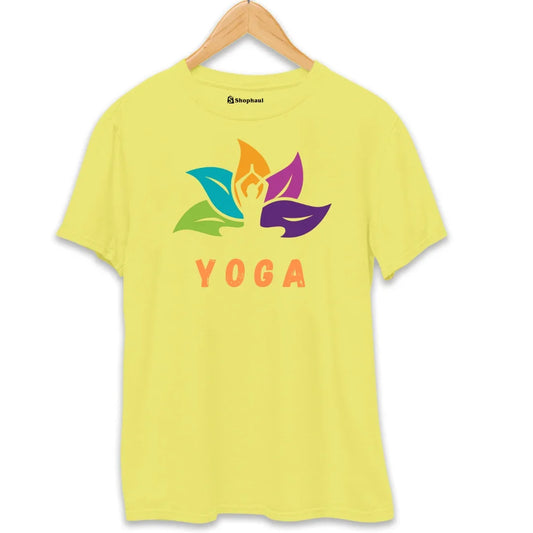 Yellow yoga t-shirt with multicolor lotus and yoga pose graphic, hung on hanger