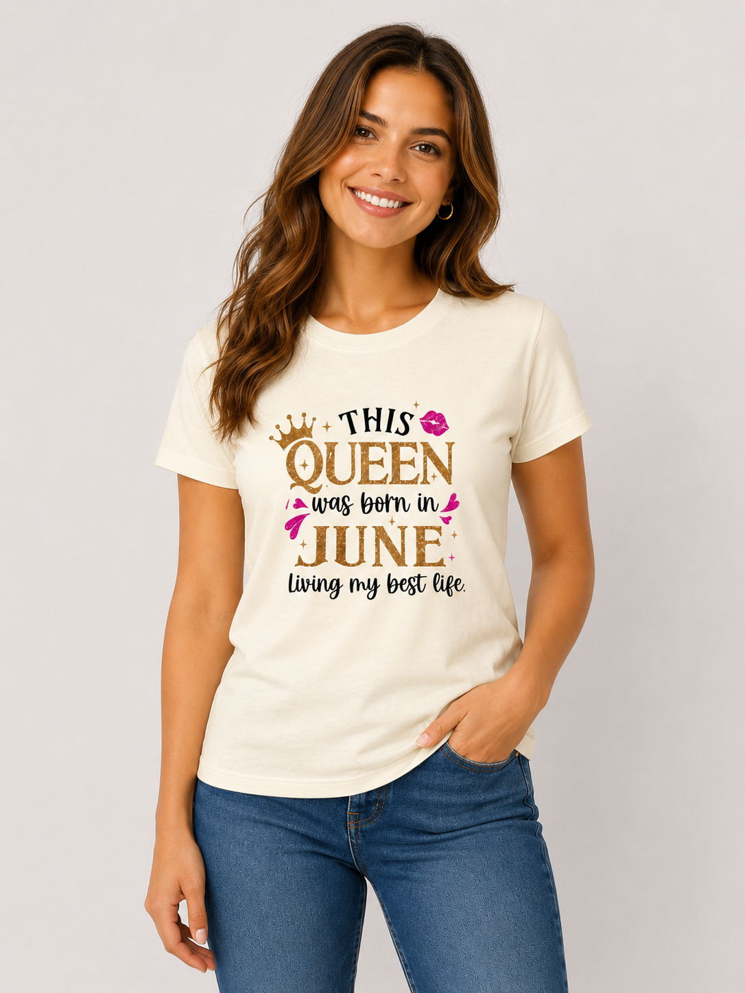 Queen Born in June Living Best Life T-Shirt Queen Born in June Living Best Life T-Shirt - Off White / S