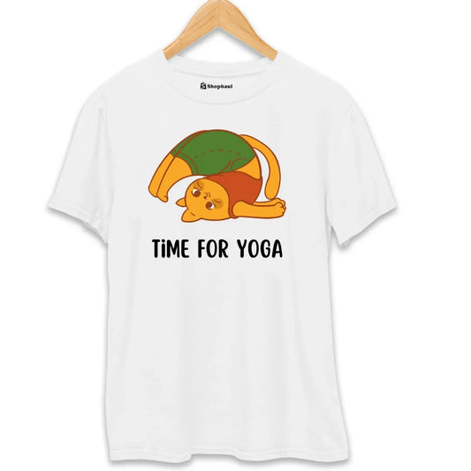 White t-shirt with cute cartoon cat doing yoga and text 'Time for Yoga' print