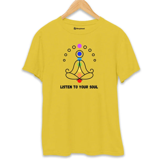Yellow printed t-shirt with abstract meditating figure, chakras, and 'Listen to your soul' text
